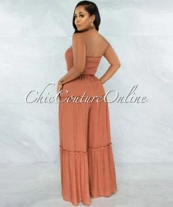 Vendor-unknown JUST IN Lafonde Rust Smocked Strapless Jumpsuit