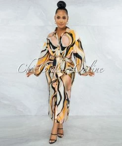 Vendor-unknown JUST IN Hamilton Nude Black Print Draped Front Tie Satin Dress