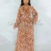 Vendor-unknown Pelipa Camel White Zebra Print O-Ring Lace-Up Back Jumpsuit