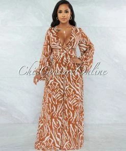 Vendor-unknown Pelipa Camel White Zebra Print O-Ring Lace-Up Back Jumpsuit