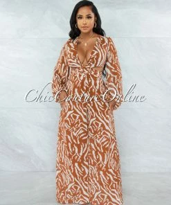 Vendor-unknown Pelipa Camel White Zebra Print O-Ring Lace-Up Back Jumpsuit