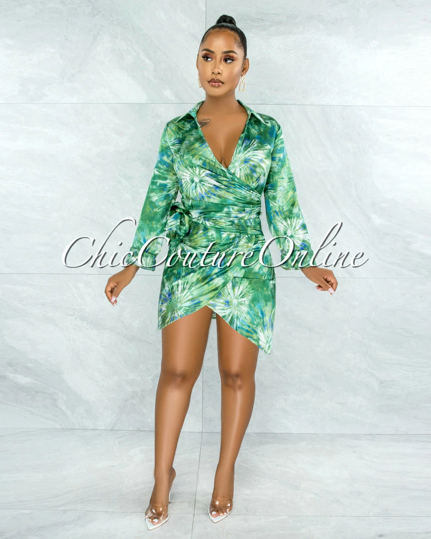 Vendor-unknown Maze Green White Print Wrap Side Tie Satin Dress