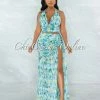 Vendor-unknown Femise Aqua Print Halter Top & Maxi Drape Skirt Set JUST IN