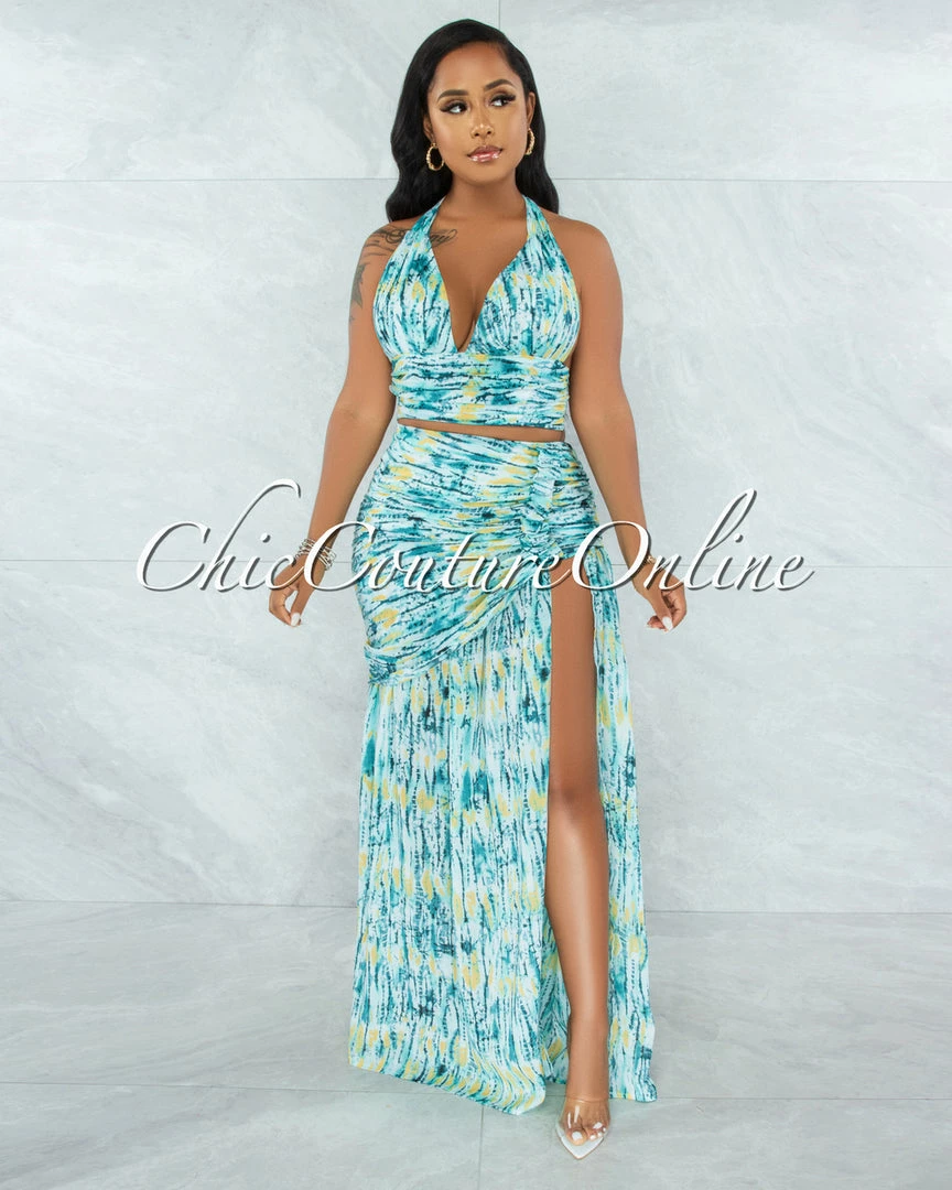 Vendor-unknown Femise Aqua Print Halter Top & Maxi Drape Skirt Set JUST IN