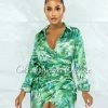 Vendor-unknown Maze Green White Print Wrap Side Tie Satin Dress