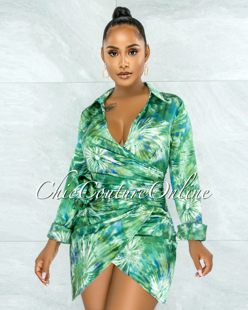 Vendor-unknown Maze Green White Print Wrap Side Tie Satin Dress