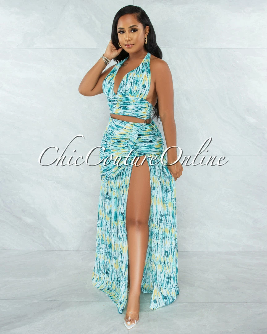 Vendor-unknown Femise Aqua Print Halter Top & Maxi Drape Skirt Set JUST IN
