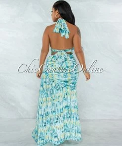 Vendor-unknown Femise Aqua Print Halter Top & Maxi Drape Skirt Set JUST IN