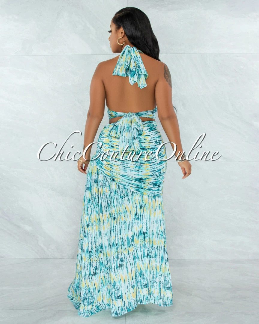 Vendor-unknown Femise Aqua Print Halter Top & Maxi Drape Skirt Set JUST IN