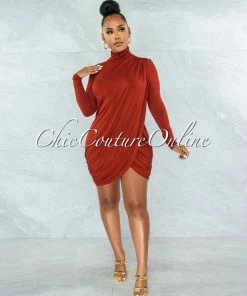 Vendor-unknown Tamira Rust Front Slit Drape Details Dress JUST IN