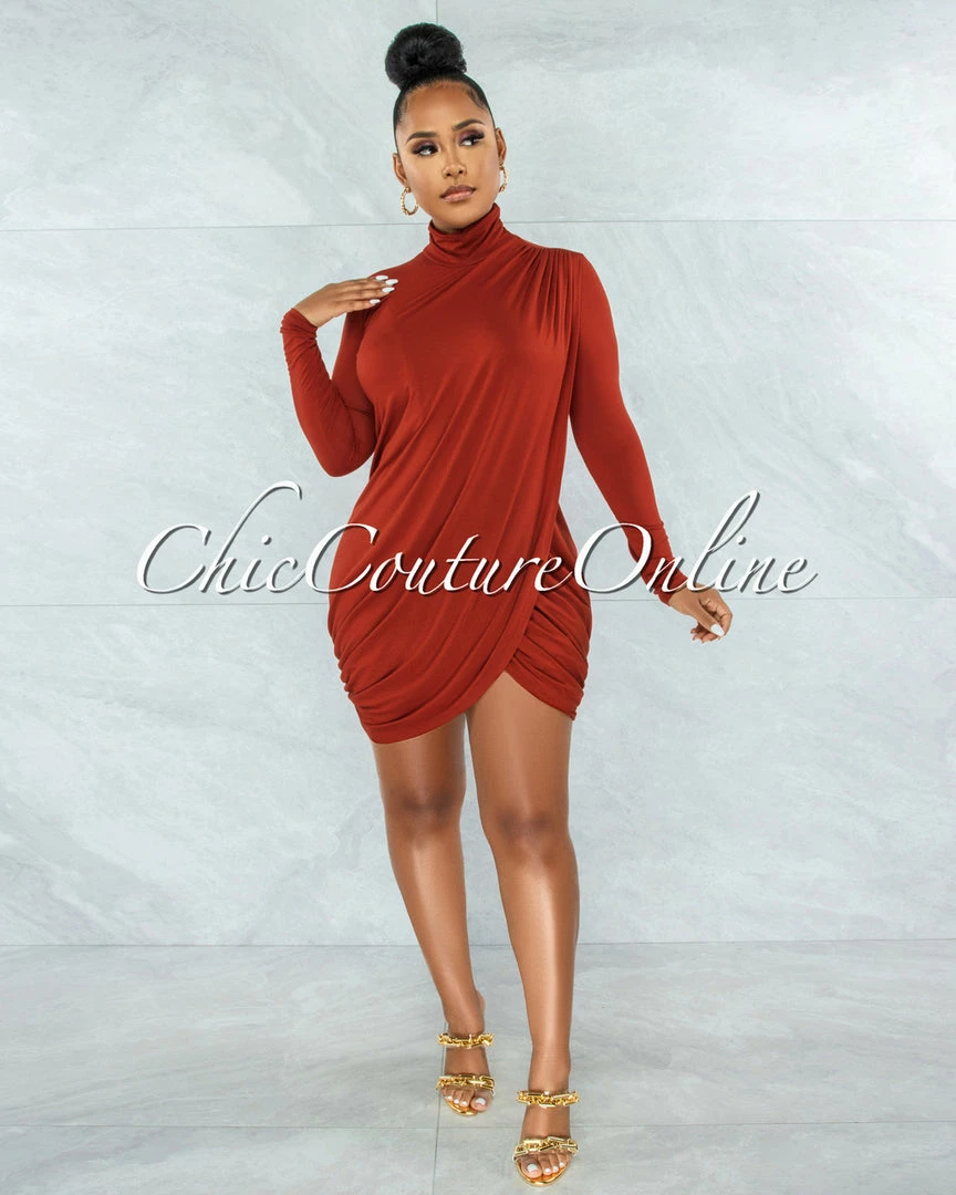 Vendor-unknown Tamira Rust Front Slit Drape Details Dress JUST IN