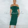 Vendor-unknown Belkis Hunter Green Ruched Off-The-Shoulder Midi Dress