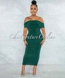 Vendor-unknown Belkis Hunter Green Ruched Off-The-Shoulder Midi Dress