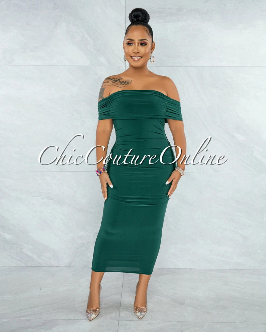Vendor-unknown Belkis Hunter Green Ruched Off-The-Shoulder Midi Dress