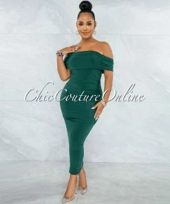 Vendor-unknown Belkis Hunter Green Ruched Off-The-Shoulder Midi Dress