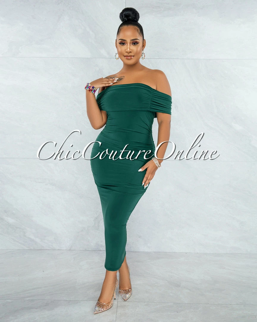 Vendor-unknown Belkis Hunter Green Ruched Off-The-Shoulder Midi Dress