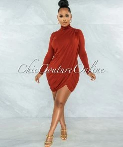 Vendor-unknown Tamira Rust Front Slit Drape Details Dress JUST IN
