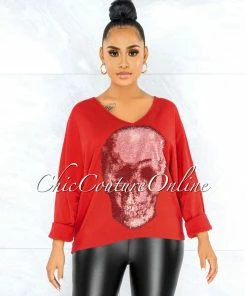 Vendor-unknown Osmel Red Front Silver Rhinestones Skull Sweater CLOTHING