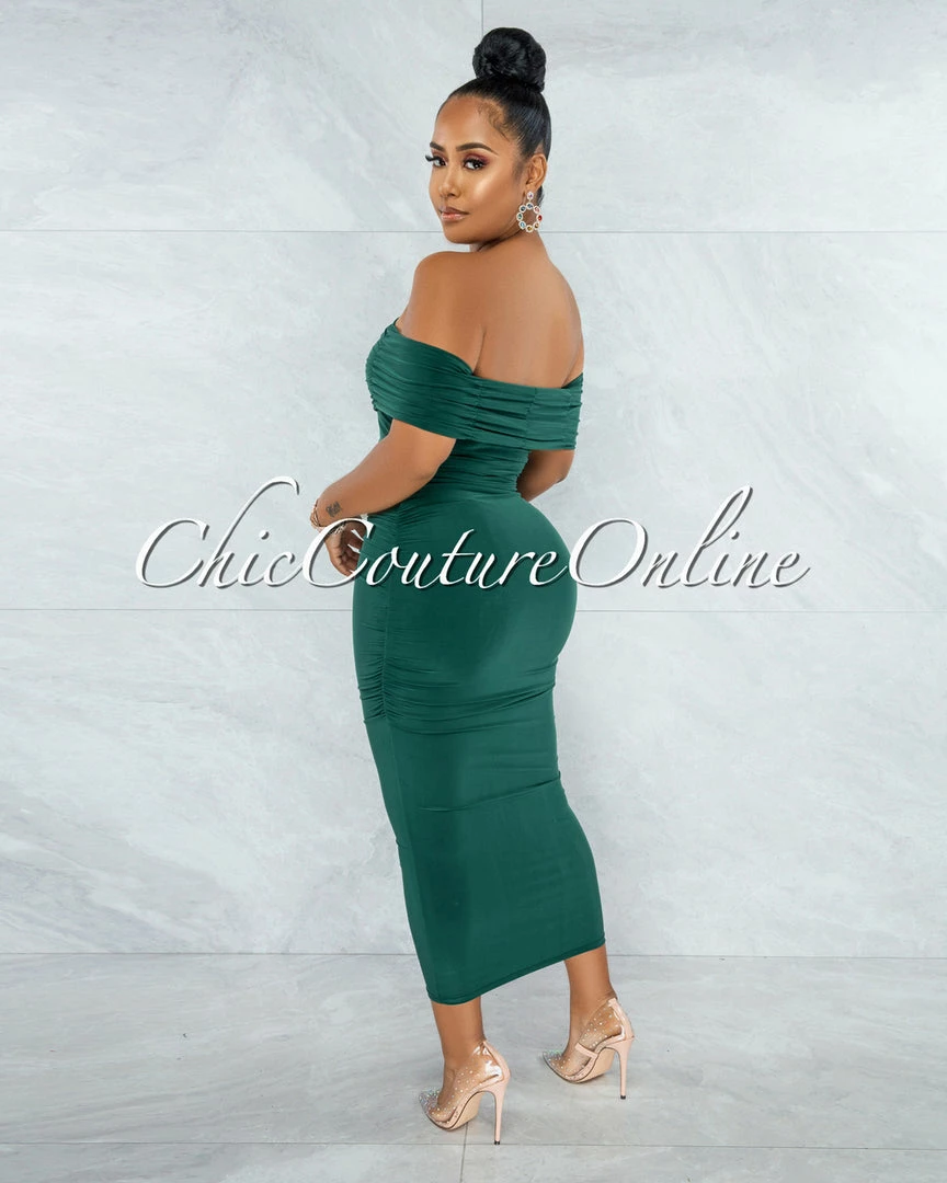 Vendor-unknown Belkis Hunter Green Ruched Off-The-Shoulder Midi Dress