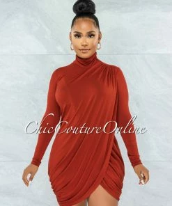 Vendor-unknown Tamira Rust Front Slit Drape Details Dress JUST IN