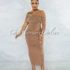 Vendor-unknown Belkis Mocha Ruched Off-The-Shoulder Midi Dress JUST IN