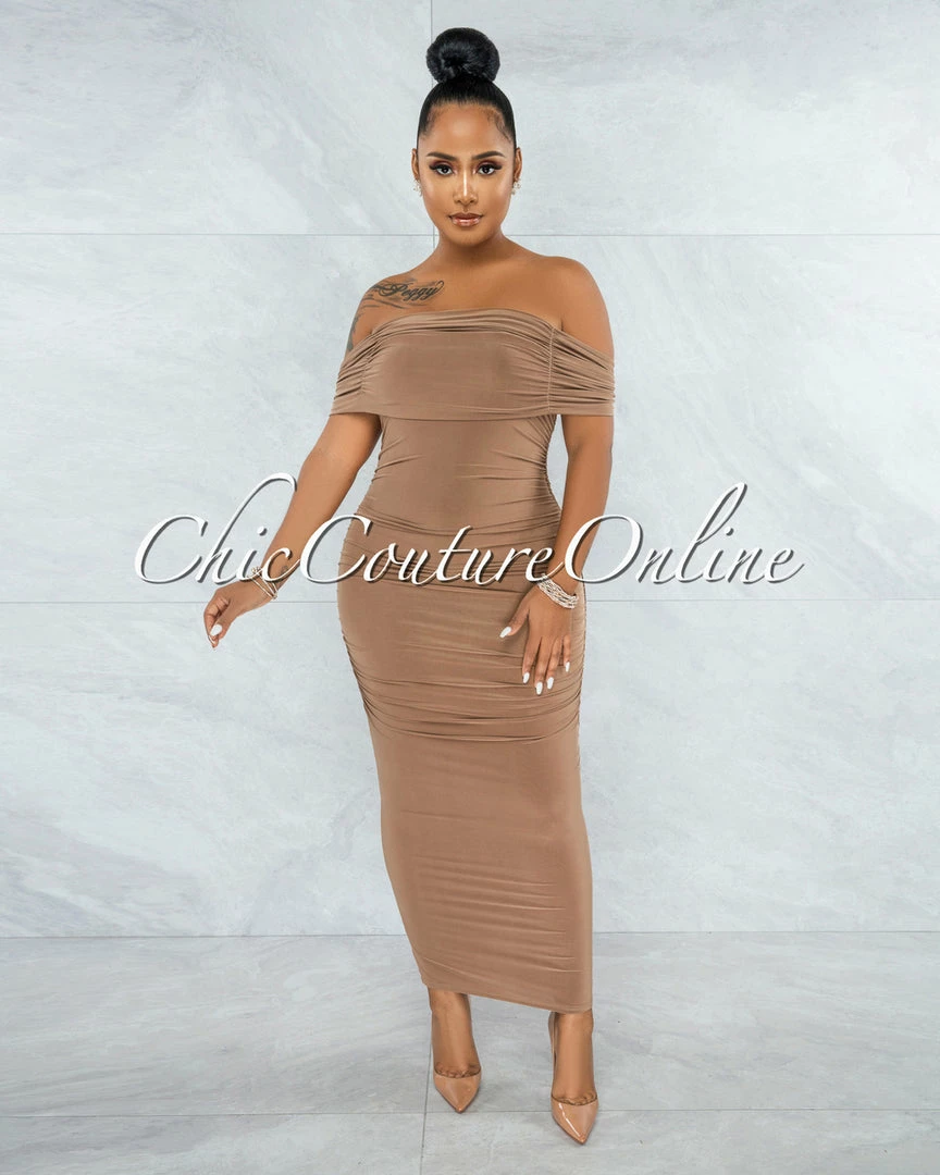 Vendor-unknown Belkis Mocha Ruched Off-The-Shoulder Midi Dress JUST IN