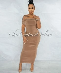 Vendor-unknown Belkis Mocha Ruched Off-The-Shoulder Midi Dress JUST IN