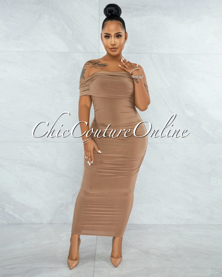 Vendor-unknown Belkis Mocha Ruched Off-The-Shoulder Midi Dress JUST IN