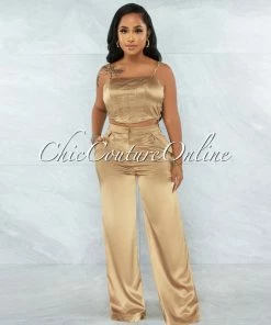 Vendor-unknown Sauda Bronze Gold Link Straps Top & Wide Pants Satin Set