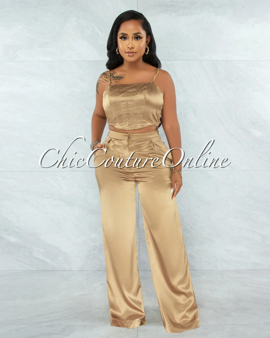 Vendor-unknown Sauda Bronze Gold Link Straps Top & Wide Pants Satin Set