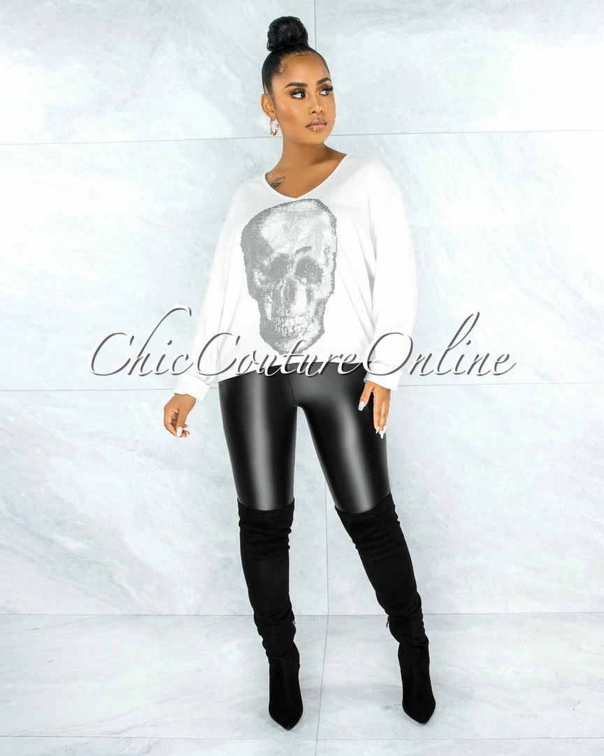 Vendor-unknown Osmel Off-White Front Silver Rhinestones Skull Sweater CLOTHING