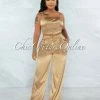 Vendor-unknown Sauda Bronze Gold Link Straps Top & Wide Pants Satin Set