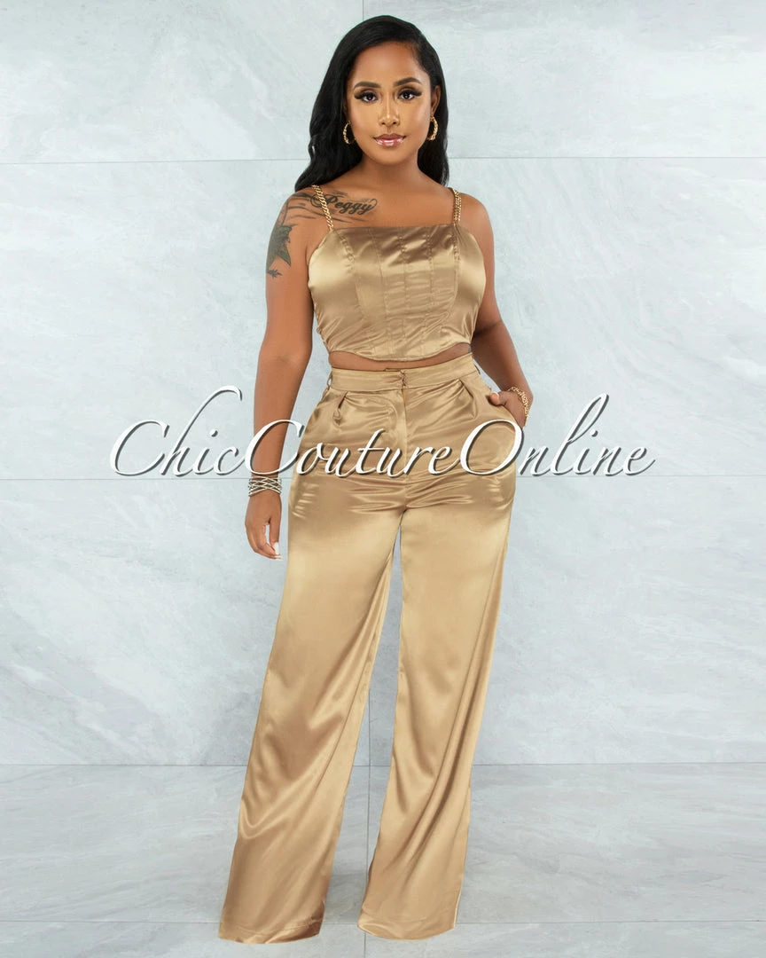Vendor-unknown Sauda Bronze Gold Link Straps Top & Wide Pants Satin Set