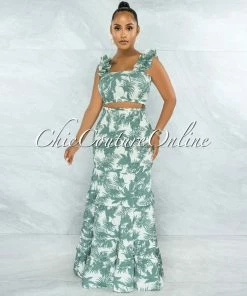 Vendor-unknown Laverne Ivory Green Print Smocked Ruffle Skirt Set