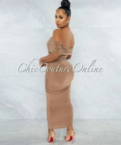 Vendor-unknown Belkis Mocha Ruched Off-The-Shoulder Midi Dress JUST IN