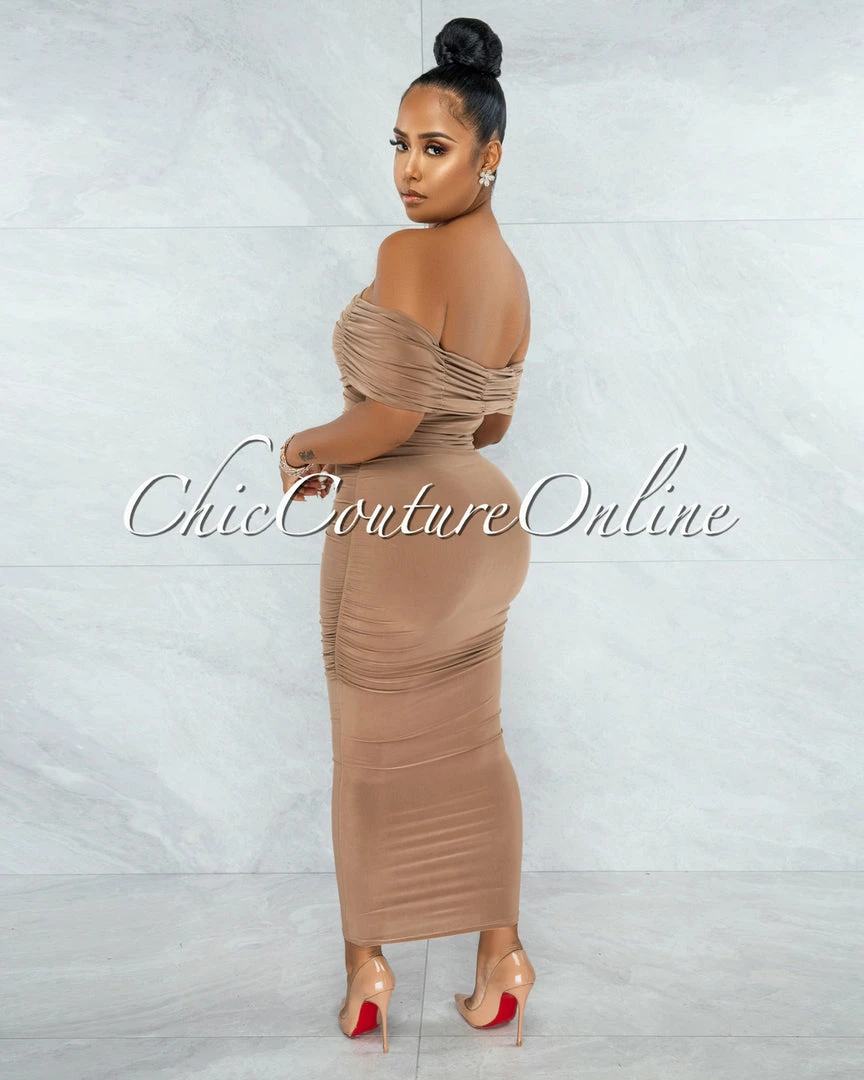 Vendor-unknown Belkis Mocha Ruched Off-The-Shoulder Midi Dress JUST IN