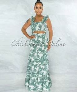 Vendor-unknown Laverne Ivory Green Print Smocked Ruffle Skirt Set