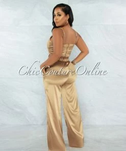 Vendor-unknown Sauda Bronze Gold Link Straps Top & Wide Pants Satin Set