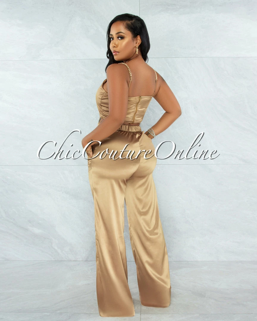 Vendor-unknown Sauda Bronze Gold Link Straps Top & Wide Pants Satin Set
