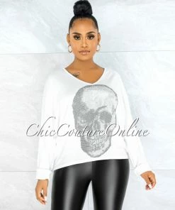 Vendor-unknown Osmel Off-White Front Silver Rhinestones Skull Sweater CLOTHING