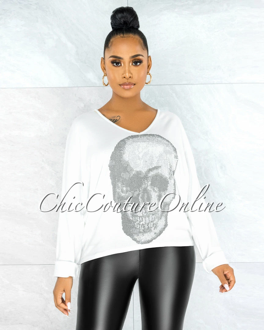 Vendor-unknown Osmel Off-White Front Silver Rhinestones Skull Sweater CLOTHING