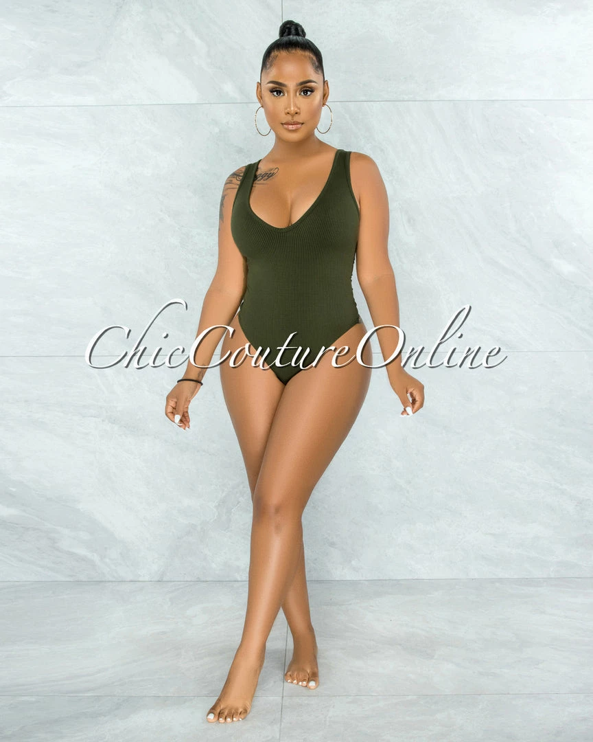 Vendor-unknown JUST IN Rella Olive Green Ribbed Bodysuit & Shorts Set