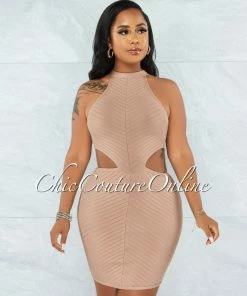 Vendor-unknown Devland Nude Ribbed Racer Cut-Out Waist Bandage Dress JUST IN