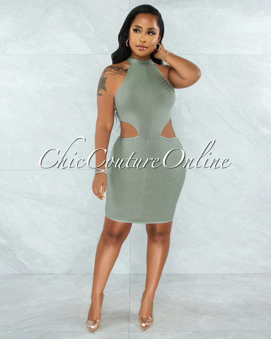 Vendor-unknown Devland Sage Ribbed Racer Cut-Out Waist Bandage Dress JUST IN
