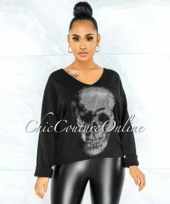 Vendor-unknown CLOTHING Osmel Black Front Silver Rhinestones Skull Sweater