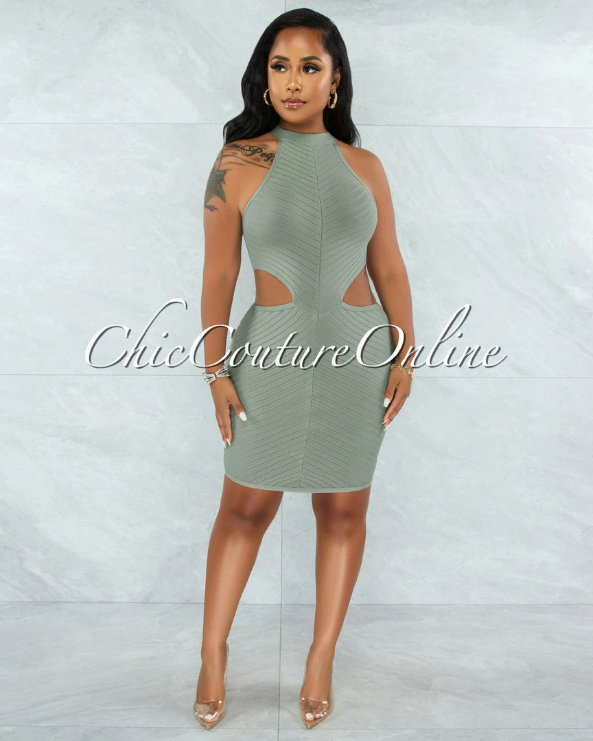 Vendor-unknown Devland Sage Ribbed Racer Cut-Out Waist Bandage Dress JUST IN