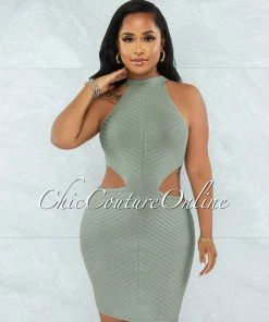 Vendor-unknown Devland Sage Ribbed Racer Cut-Out Waist Bandage Dress JUST IN