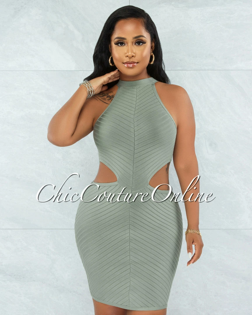 Vendor-unknown Devland Sage Ribbed Racer Cut-Out Waist Bandage Dress JUST IN