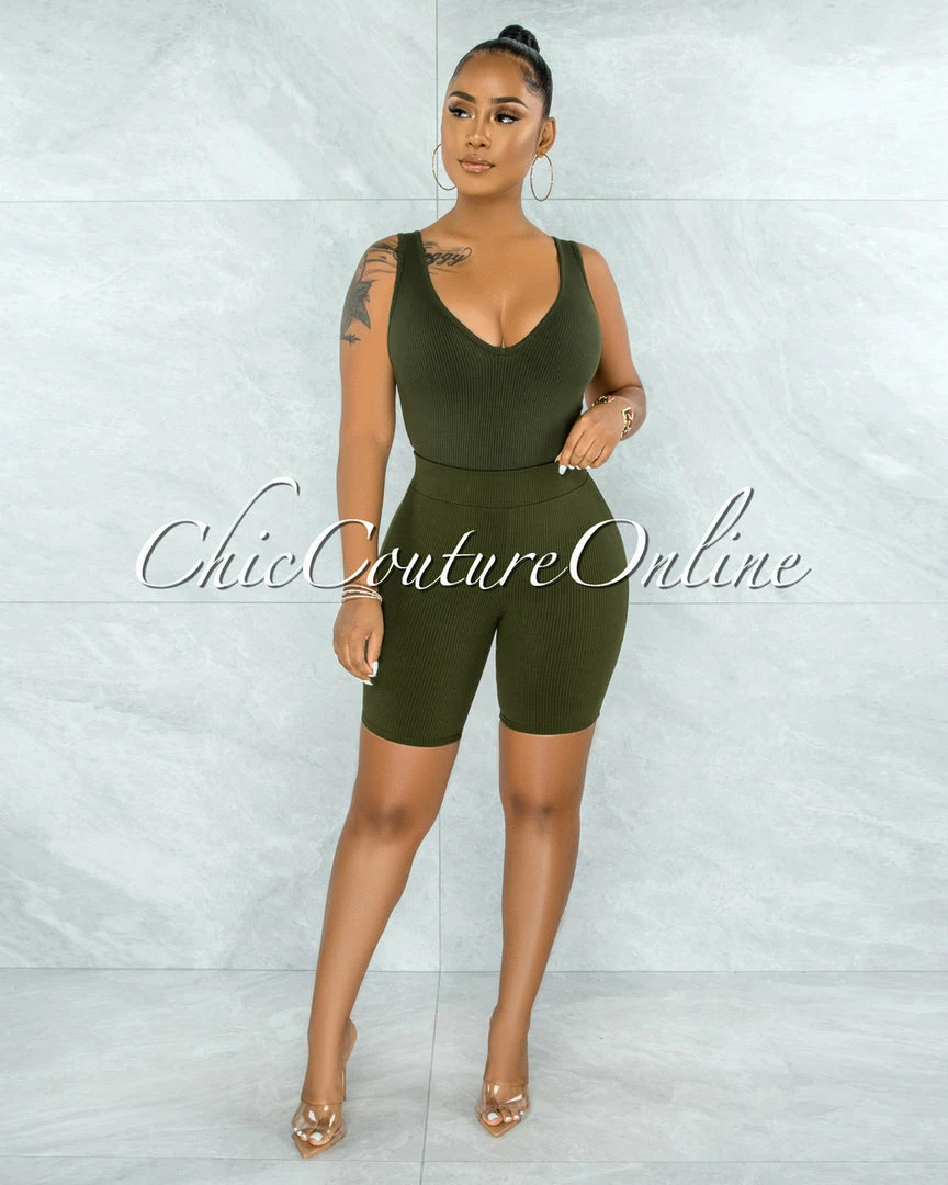 Vendor-unknown JUST IN Rella Olive Green Ribbed Bodysuit & Shorts Set