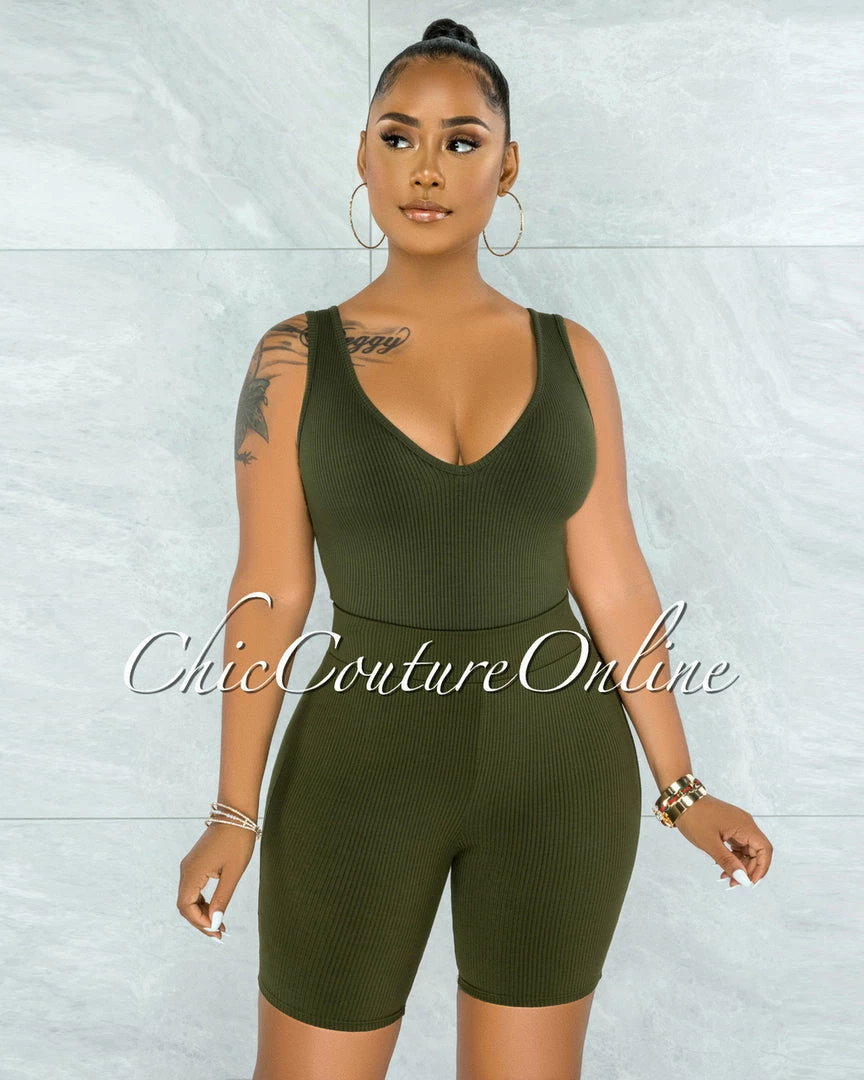 Vendor-unknown JUST IN Rella Olive Green Ribbed Bodysuit & Shorts Set
